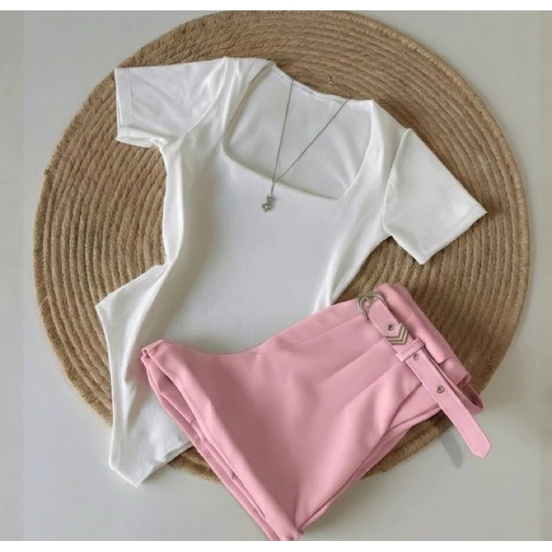 Conjunto Body Gola Quadrada + Short Alfaiataria